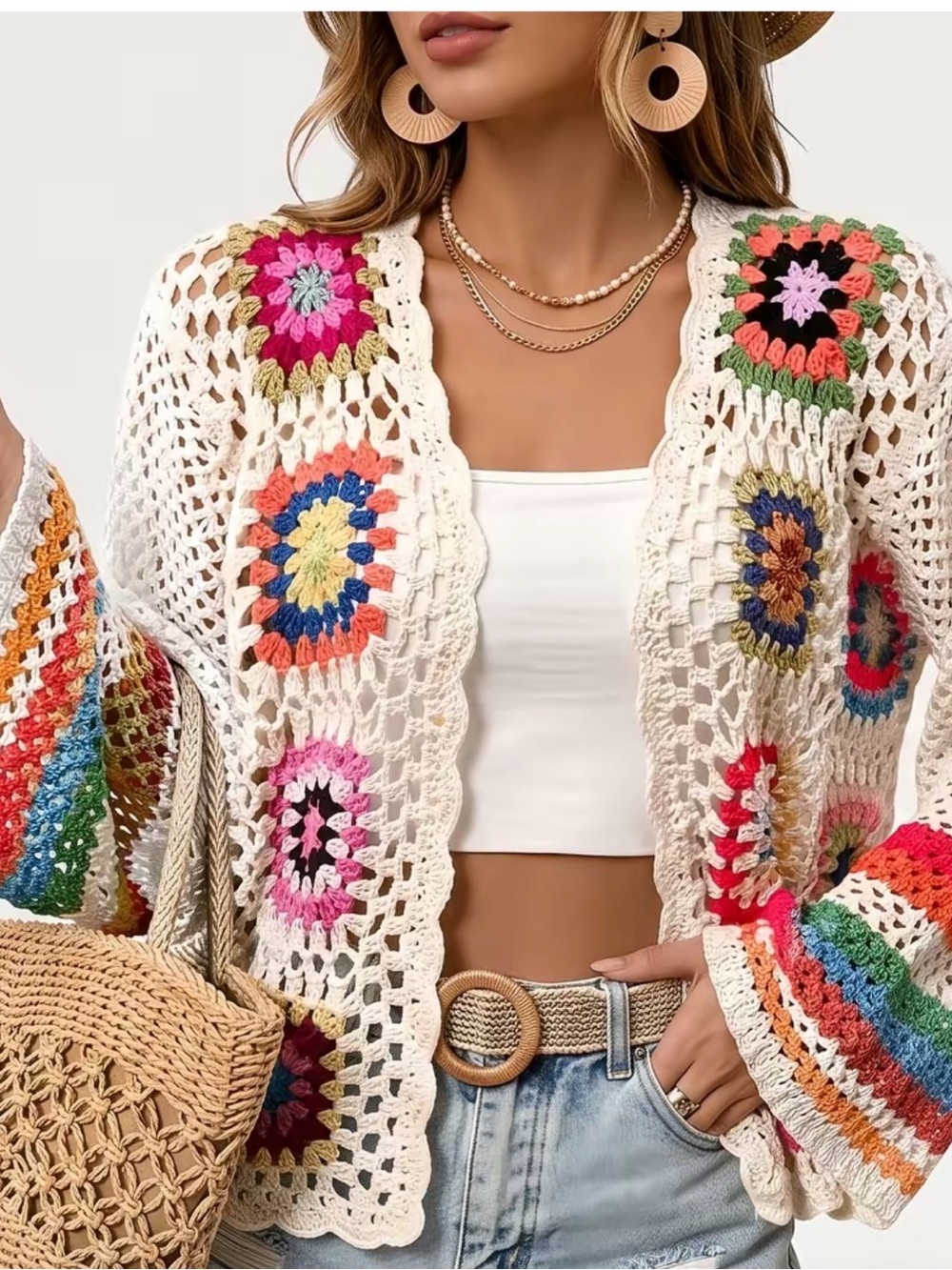 Boho Crochet Multicolor Open-Front Sweater Cardigan - Beige